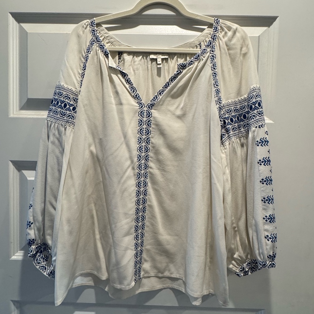 Joie White Blouse with Blue Embroidery